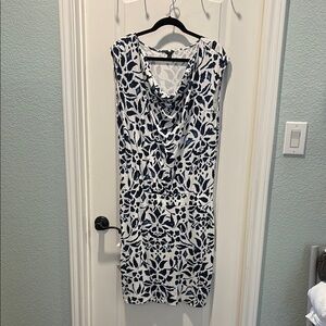 Ann Taylor White and Blue Sheath Dress with Cowl Neck